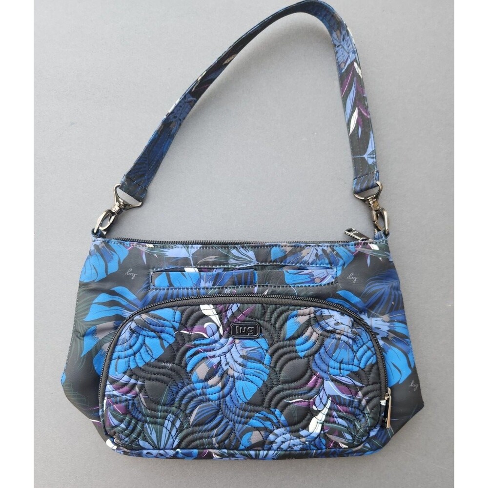 LUG Samba Shoulder Bag Purse Black Blue Floral Print Quilt